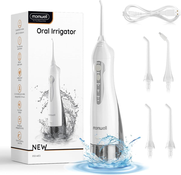 Water Flosser Cordless, Mornwell Water Flossers for Teeth, 300ML Tank, 4 Jet Tips, Rechargeable