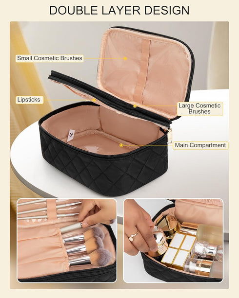 Relavel Small Makeup Bag, Travel Cosmetic Organizer for Women, 2 Layer Waterproof Black Makeup Pouch with Zipper