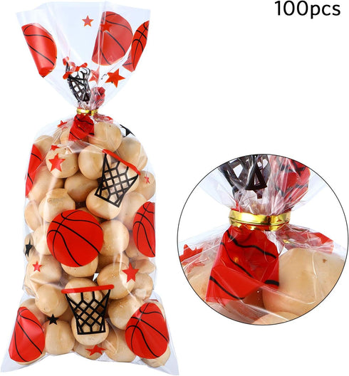 Blulu 100 Pieces Basketball Party Treat Bags with 100 Pack Gold Twist Ties for Sports Team Party Favors