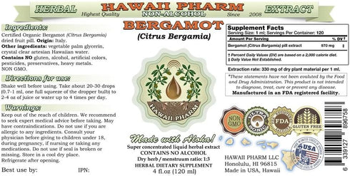 Hawaii Pharm 2 oz Bergamot Alcohol-Free Liquid Extract, Bergamot (Citrus Bergamia) Dried Fruit Peel Glycerite Natural