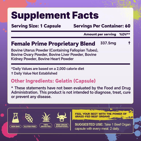 VoloZionX 30 Female Beef Organ Supplement Grass Fed & Pasture Raised Beef Liver, Kidney, Uterus, Heart Supports Hormone