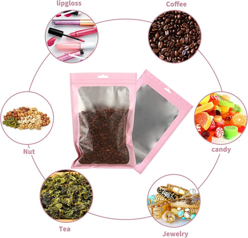 150 PCS-6x9 Reclosable Mylar Bags, Pink for Food Storage, Resealable Large Mylar Bag with Clear Window for Edible