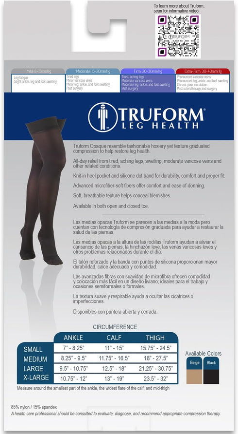 Truform Women's Compression Stockings, 20-30 mmHg, Thigh High Length, Open Toe, Opaque, Medium Beige