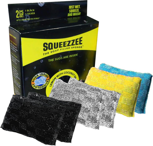 Squeezzee Soap Filled Scrubber Sponges, Non Scratch Double Sided Kitchen & Household Cleaning Scrubbers - 6 Pack