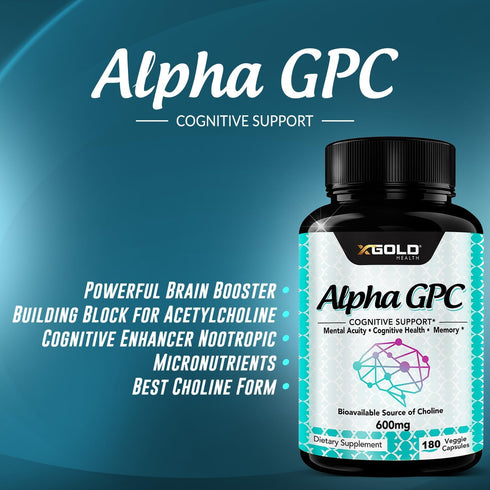 Alpha GPC Choline Supplement 600mg - Highly Purified Source of Choline, 180 Veggie Capsules for Cognitive Enhancement