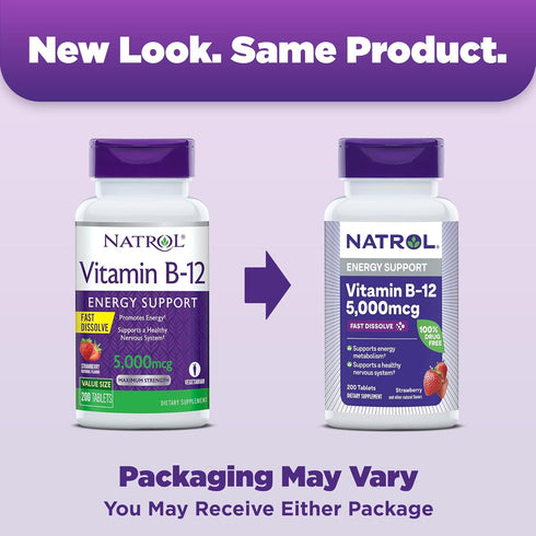 Natrol Vitamin B12 5,000 mcg Fast Dissolve Supplement for Healthy Nervous System and Energy Metabolism, 200 Tablets