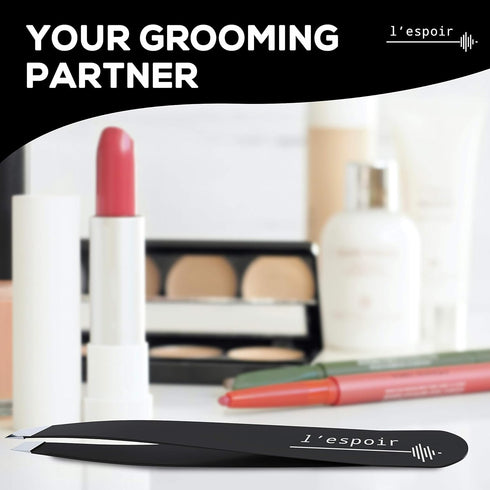 L’espoir High Precision Slant Tweezers, Rust-Free Stainless Steel, Perfect Alignment for Daily Beauty Routine - Black