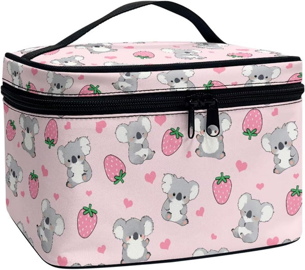 Strawberry Koala Makeup Bag, Toiletry Pouch, Desk Cosmetics Storage with Strap