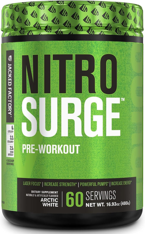 Jacked Factory NITROSURGE Pre Workout Supplement - Endless Energy, Instant Strength Gains, 60 Servings, Arctic White