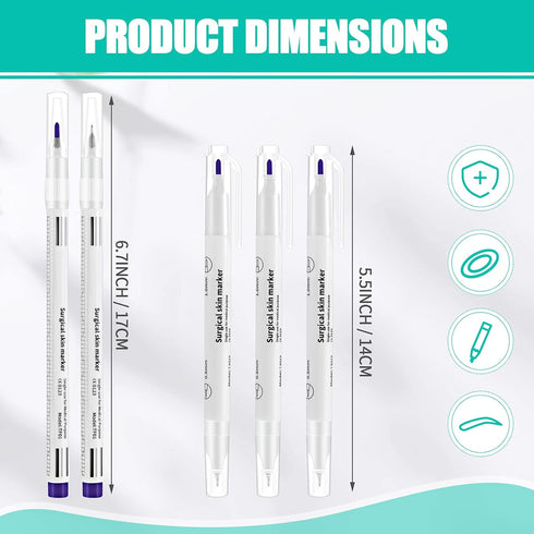 Zonon 5 Pieces Tattoo Tip Markers Skin Marker Pen Tattoo Pen in 0.5 mm and 1 mm with Paper Ruler for Skin, Eyebrow, Lips (2 Single Head, 3 Double Heads)