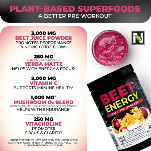 O2 30 Nutrology Beet Energy Pre Workout Beet Juice Powder - Boost Energy, Endurance & Nitric Oxide with Beet Powder