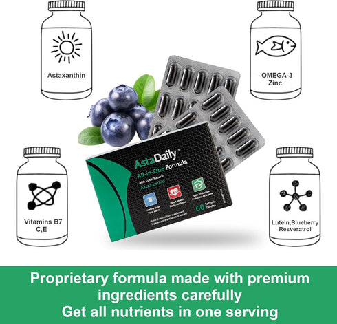 Astaxanthin 6mg Supplements with Lutein Omega 3 Resveratrol for Eye, Heart & Skin Health, 60 Softgel Individual Packed