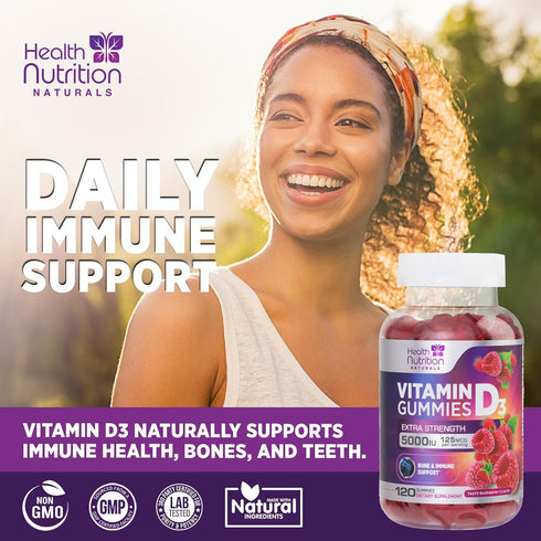 Vitamin D3 Gummies Extra Strength 5000 IU (125 mcg), Nature's Berry Vitamin D Supplement, 120 Gummies, Non-GMO