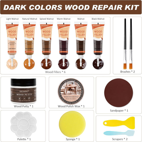 Wood Furniture Repair Kit 15Pcs - 6 Colors Wood Filler for Hardwood, Laminate, Vinyl Floor Repair