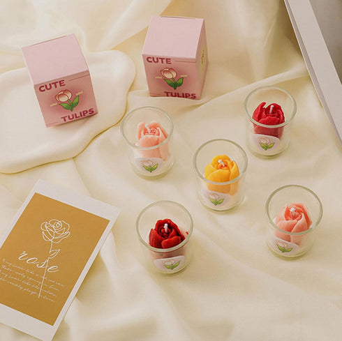 T-shin Jar,110G Tulip Flower Healing Scented Candle Glass Handmade Flower Bouquet Scented Soy Wax Aroma Decorative