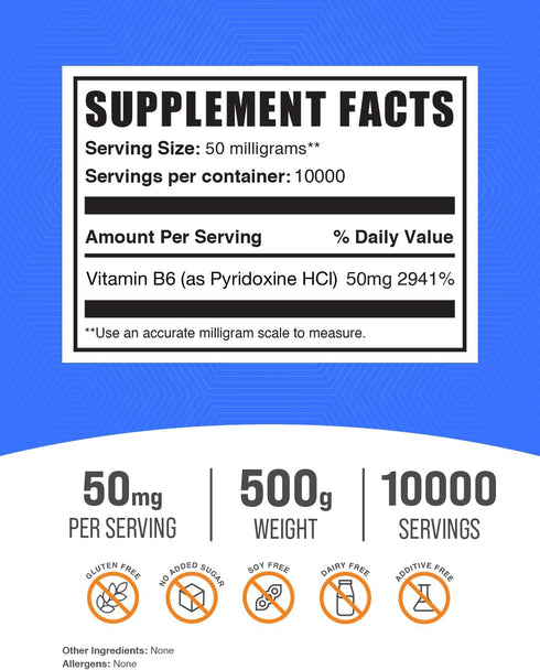 BulkSupplements.com Pyridoxine HCl Powder - Vitamin B6 Supplement, 50mg per Serving, 500g (1.1 lbs) - Gluten Free
