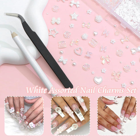 RODAKY 1000PCS White Nail Charms, 3D Bows Heart Butterfly Charms for Nail Art Decoration, DIY Accessories