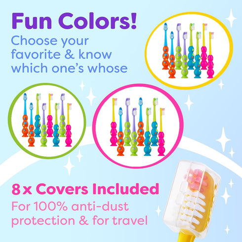 Kids Toothbrush 8 Pack - Soft Contoured Bristles, Child Sized Brush Heads for Ages 3-10, Multi-Color with Suction Cup