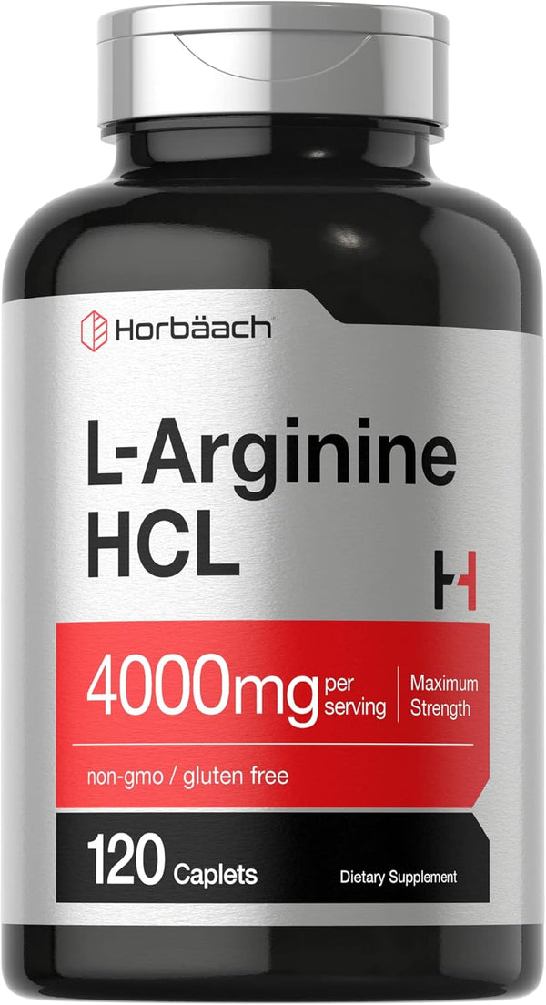 Horbaach L-Arginine 4000mg | 120 Vegetarian Caplets | Maximum Strength Nitric Oxide Precursor, Gluten Free Supplement