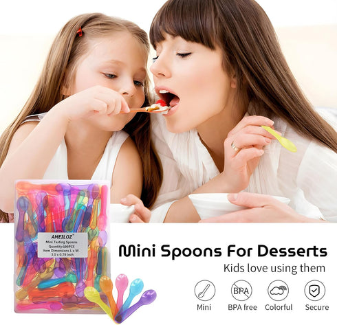 3" Colored Mini Taster Spoons, Extra Small Plastic Tasting Spoon for Yogurt Pudding Jello Shots (100 PCS)