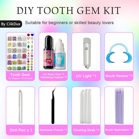 CiikDux DIY Tooth Gems Kit, Tooth Jewelry Gems Kit with 770 Crystals in 12 Shapes, Teeth Jewelry Starter Kit