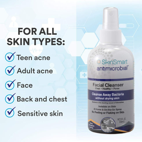 SkinSmart Facial Cleanser for Acne, 8 oz Spray Bottle, Targets Bacteria for Active Teenage Athletes