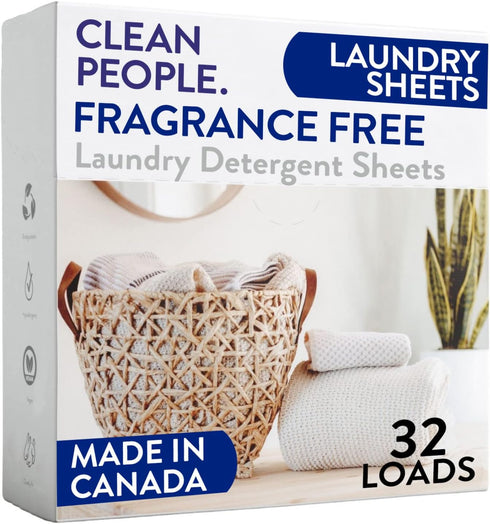 The Clean People Fragrance Free Laundry Detergent Sheets, 32 Pack | Hypoallergenic, Ultra Concentrated, Stain Fighting
