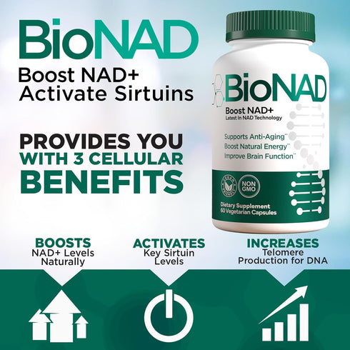 BioNAD NAD Supplement - Nicotinamide Riboside Booster, Anti-Aging & Metabolic Activator - Vegan Friendly, 60 Capsules