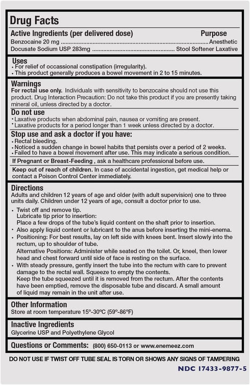 Enemeez Docusol Plus Docusate Sodium Enema - Clear 5 ml, 5 Count, Fast-Acting for Constipation Relief