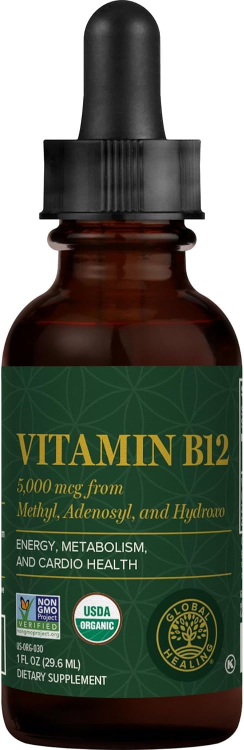 Global Healing Vitamin B12 Sublingual 5000 mcg Organic Liquid Supplement for Long-Lasting Energy, 1 Oz
