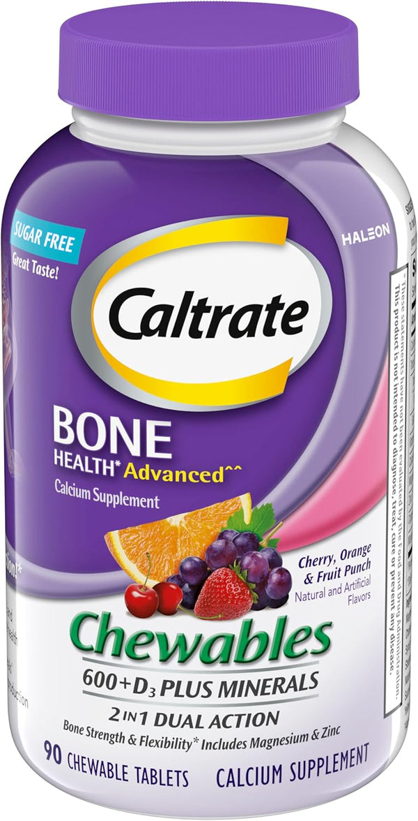Caltrate Chewables 600 +D3 Plus Minerals, Sugar Free, Cherry, Orange & Fruit Punch, 90 Count