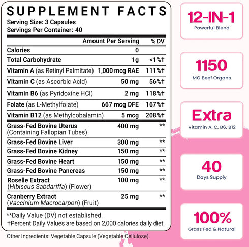 Nassiouy 12-In-1 5 2 Immune 100% 120 Beef Organ Supplement for Women - Beef Liver, Uterus, Kidney, Heart, Pancreas