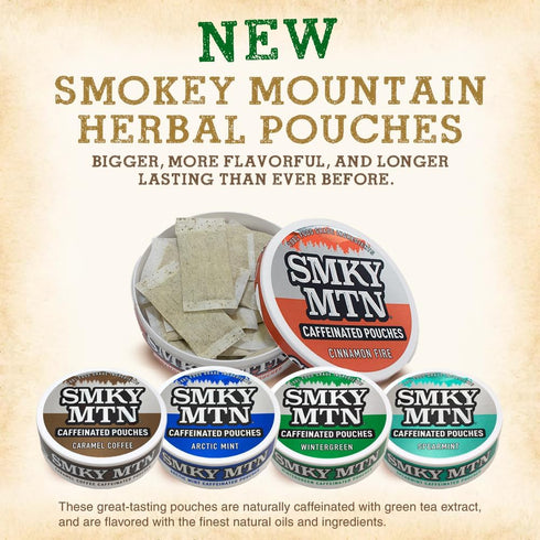 Smokey Mountain Caffeinated Pouches - Arctic Mint, Tobacco Free and Nicotine Free, 5 Can Box with 15 Pouches Per Can