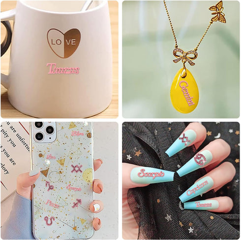 JERCLITY 24 Pieces Pink Alloy Zodiac Nail Charms, 12pcs Zodiac Signs and 12pcs Constellation Words Nail Charms for