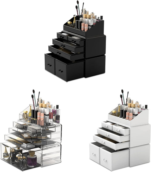 READAEER 3 Pieces Makeup Organizer with 6 Drawers for Cosmetic Storage (Black)