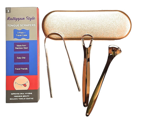 Metal Tongue Scrapers, 3 Piece Set 304 Stainless Steel with Storage Case