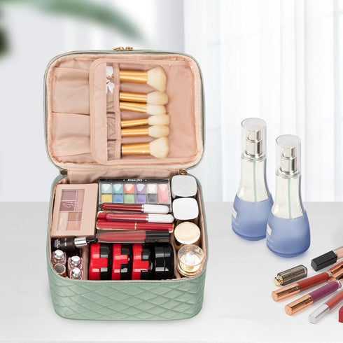 OCHEAL Large Double Layer Makeup Bag, Vertical Storage Cosmetic Case for Women/Girls with Multiple Compartments-Green