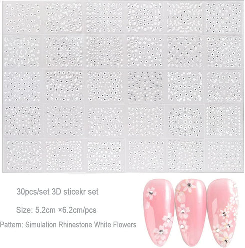 30 Sheets White Flower Nail Art Stickers, 3D Self Adhesive Designs with Rhinestones for Nail Decorations