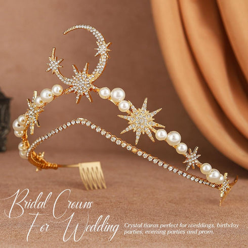 Yean Moon Star Wedding Headband, Gold Rhinestone Pearl Headpiece, Crystal Bridal Hair Accessories for Women and Girls