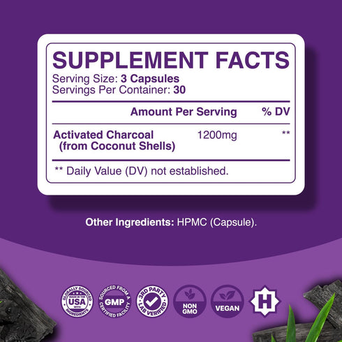 Extra Strength Activated Charcoal Pills, 1200mg Per Serving, Coconut Charcoal Supplement for Digestive Health & Upset