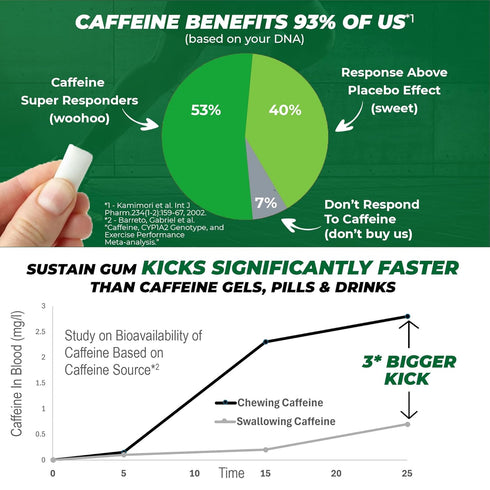 Sustain Caffeine Gum - Natural Mint Energy Gum, 12 Pieces, 50 mg Caffeine, Biodegradable, Sugar-Free, Plant-Based