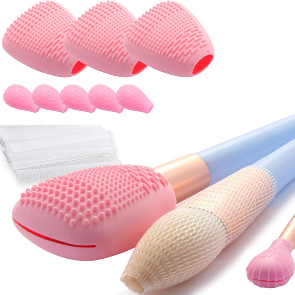 Silicone Travel Make-up Brush Holder, 3-Pcs Large + 5 Small with Cleaner Mat Pad for Storage and Cleaning