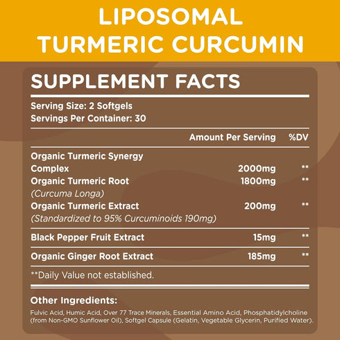 Liposomal Turmeric Curcumin Supplement 2200 mg with Black Pepper Extract 15 mg for High Absorption and Joint Function, 60 Softgels for Adults