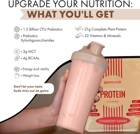 UpNourish Strawberry Banana Vegan Protein Powder | Meal Replacement Shake, Gluten Free, Dairy Free | 15 Servings,
