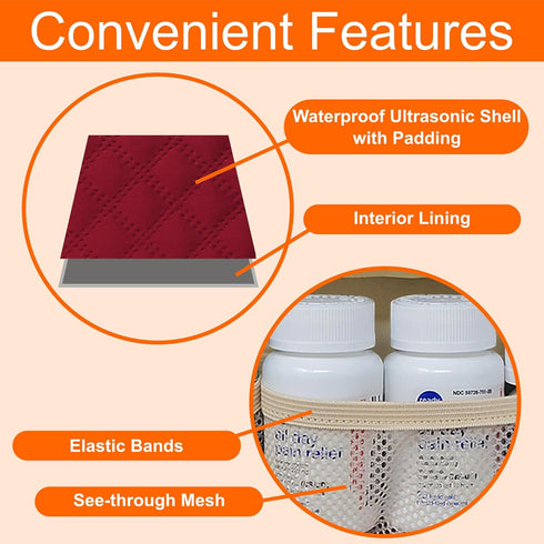Large Travel Pill Bottle Organizer, Slim Medicine Bag, Carrier for Medications and Medical Supplies - Red Wine