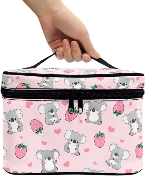 Strawberry Koala Makeup Bag, Toiletry Pouch, Desk Cosmetics Storage with Strap