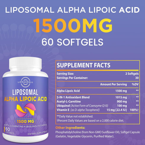 Liposomal Alpha Lipoic Acid 1500mg with Acetyl-L-Carnitine 900mg, Ubiquinol 100mg & Vitamin E 15mg, 60 Softgels (2