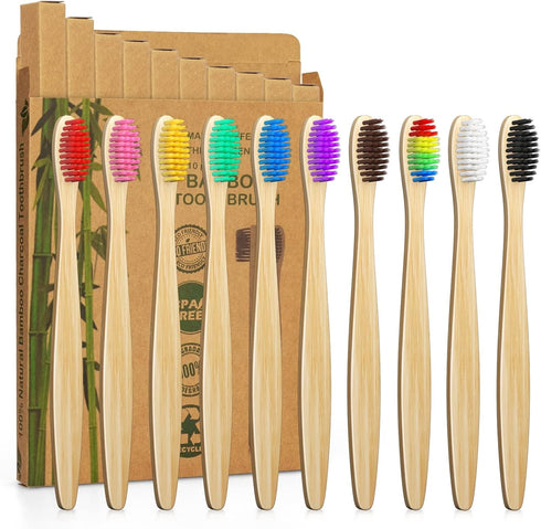10 Color Soft Bristles Natural Bamboo Toothbrushes Set - Premium BPA Free, Eco-Friendly, Vegan, Biodegradable
