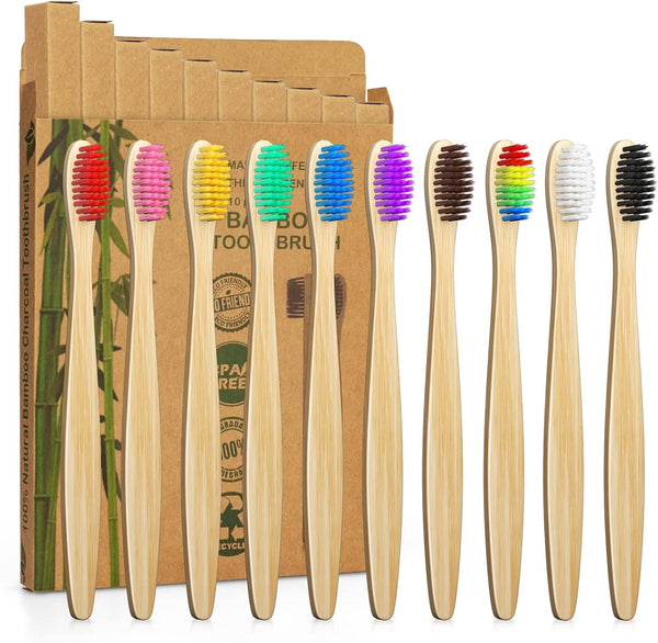 10 Color Soft Bristles Natural Bamboo Toothbrushes Set - Premium BPA Free, Eco-Friendly, Vegan, Biodegradable