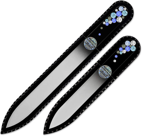 Mont Bleu Premium Set of 2 Glass Nail Files, Hand Decorated with Crystals in Black Velvet Sleeve